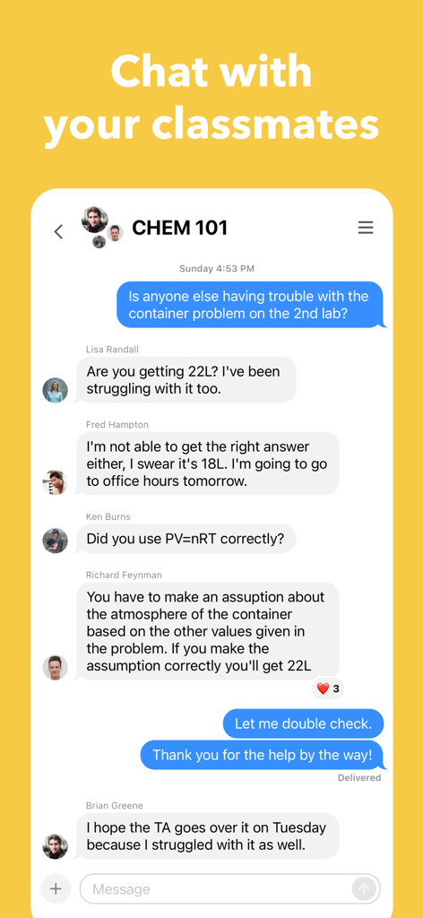 A group chat interface in the Coursicle app showing students discussing a chemistry lab assignment.