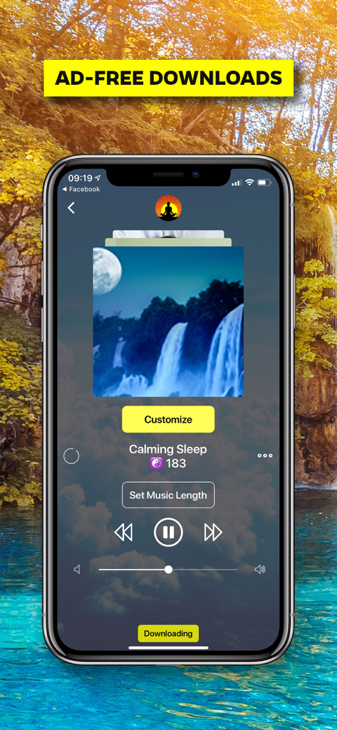 Yellow Brick Cinema - Yellow Brick Cinema mobile app interface showing a calming sleep music track with an ad free download banner