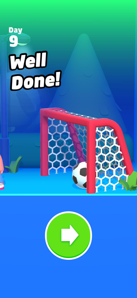 Lazy Jump 3D - Jugabilidad de Lazy Jump 3D que muestra un balón de fútbol en la red con un mensaje de Bien Hecho