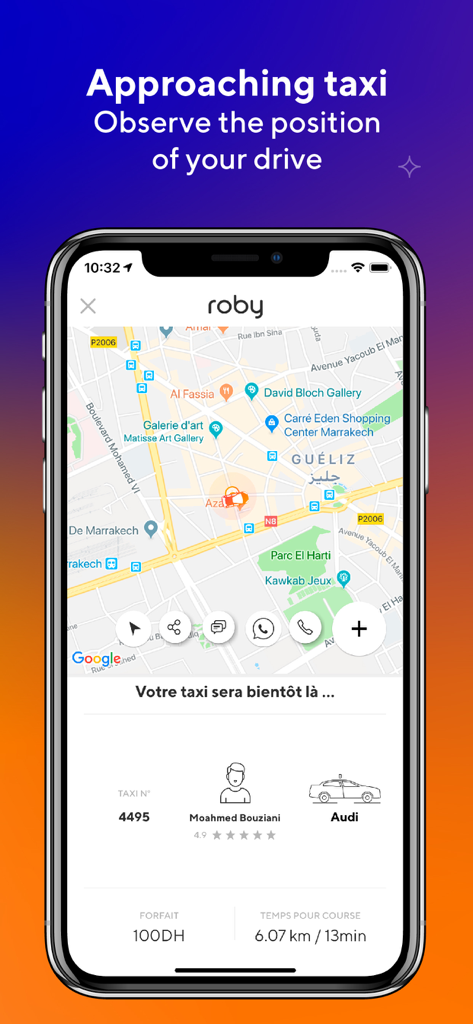 Roby taxi app interface showing a real-time map with driver location and ride details in Marrakech