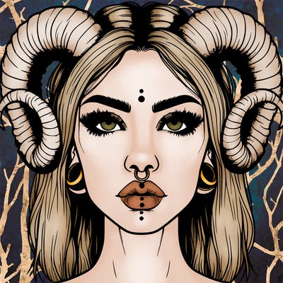 realistic woman with ram horns and piercings
