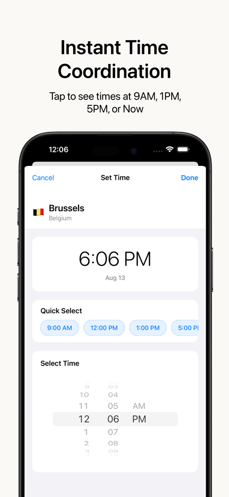 TimeZoner: World Clock - Interfaccia dell'app TimeZoner con pulsanti di selezione rapida dell'ora e un selettore di orario per la pianificazione globale.