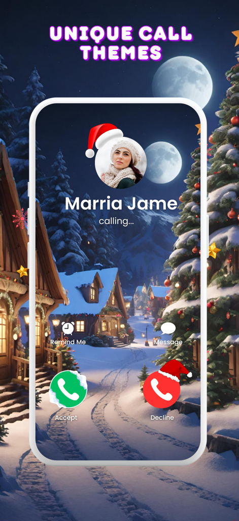 Call Posters - Call Theme - An incoming call screen showing a winter village and Christmas holiday theme