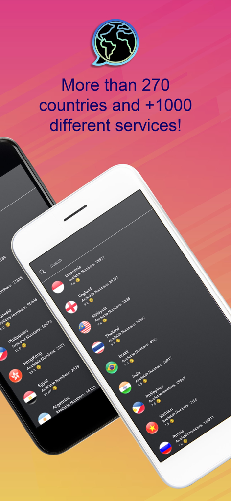 Aplicación VirtuNum mostrando números de teléfono virtuales de diferentes países