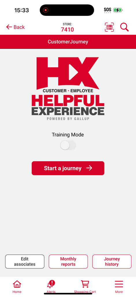 Tela do aplicativo Ace Retailer Mobile Assistant para o módulo de jornada do cliente de Experiência Prestativa mostrando um botão Iniciar Jornada.