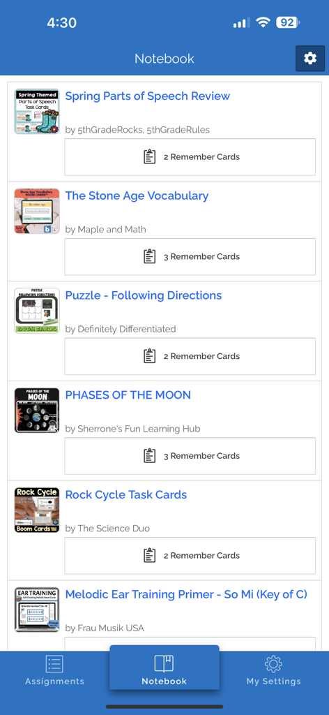 Boom Cards - Interface of the Boom Cards app Notebook section displaying a list of educational digital task card decks like parts of speech and moon phases