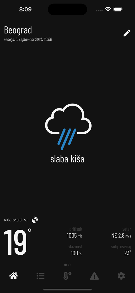 Vreme u Srbiji - Capture d'écran de l'application météo Vreme u Srbiji montrant une pluie légère et 19 degrés Celsius pour Belgrade