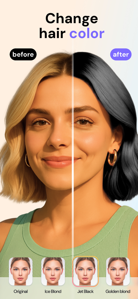 FaceAI・Face & Makeup AI Editor - Before and after comparison of a woman changing her hair color from blonde to jet black using the FaceAI app.