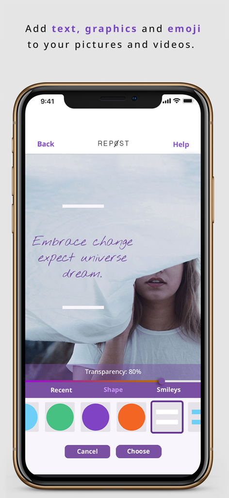 Rep0st - Repost for iG & X - Interface of Rep0st app for adding text graphics and emojis to social media content