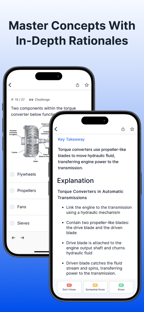Mobile app screens showing an ASVAB mechanical comprehension question and detailed explanation rationale.