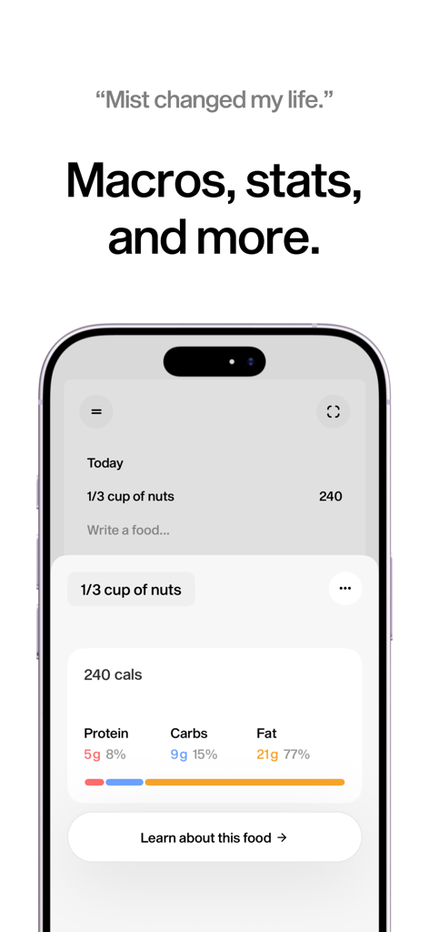 Mist - Food Journal - Mist food journal interface showing protein carbs and fat breakdown for a meal
