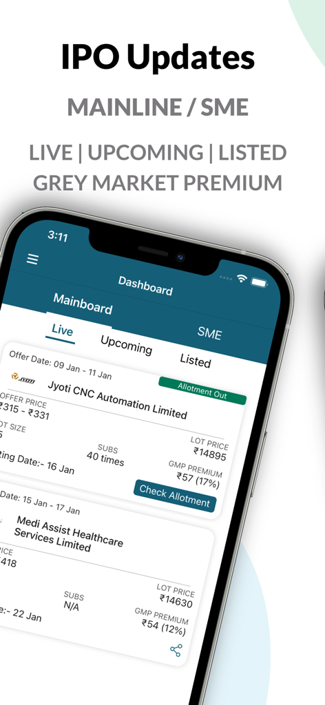 IPO Market GMP Allotment News - Mobile app dashboard displaying live Indian IPO details and Grey Market Premium updates.