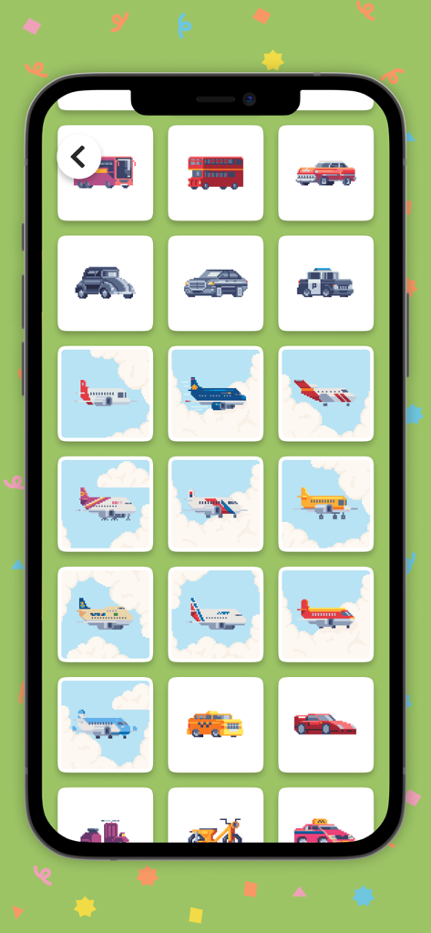 Eine Auswahl von Pixel-Art-Fahrzeugvorlagen, darunter Flugzeuge und Autos, in der Color Tap App.