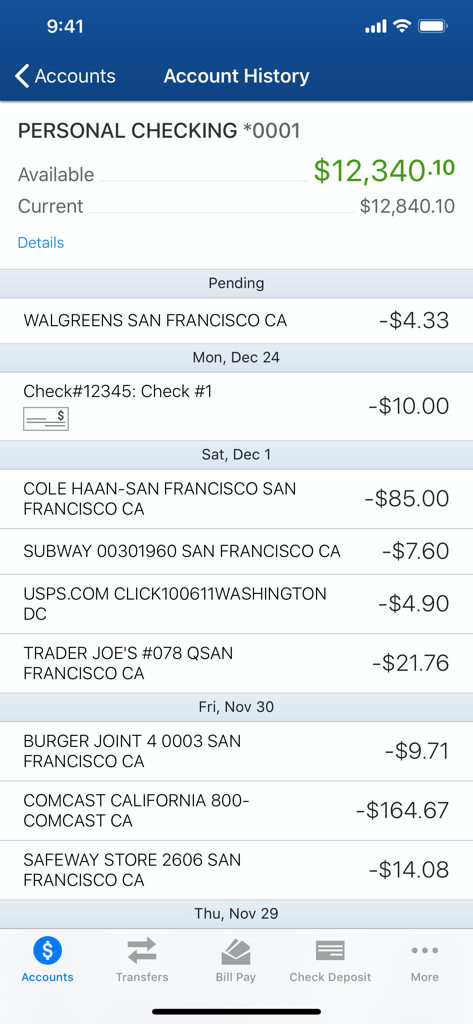 Aplicativo móvel Heritage Bank mostrando histórico e transações de conta corrente pessoal.