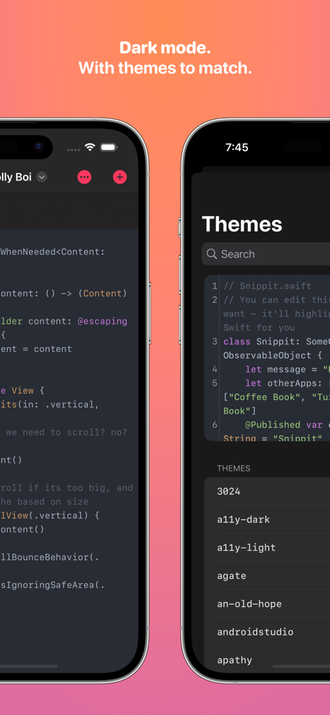 Snippit - Code Snippet Manager - Snippit app interface showing dark mode code editor and a list of customizable syntax highlighting themes on iPhone.