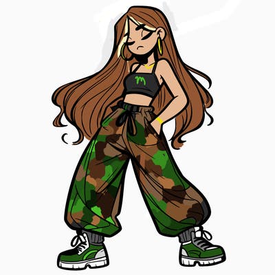girl in baggy pants crop top and long hair