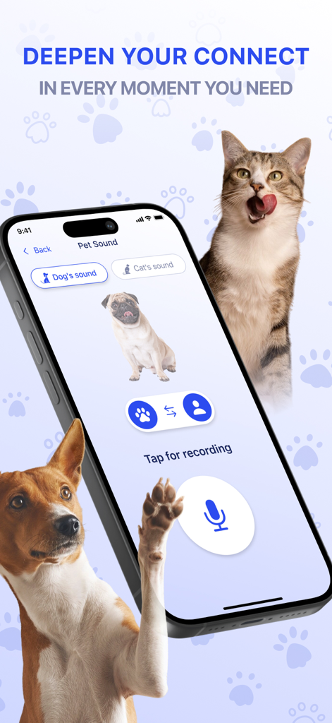 Interfaz de la aplicación SpeakPet que muestra un traductor de sonidos de perros con un botón de grabación de micrófono