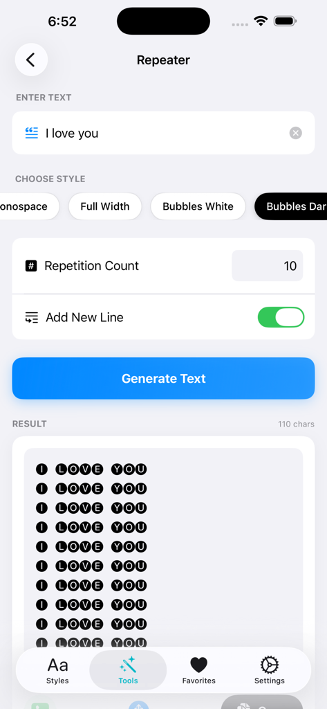 Stylish Text: Fonts & Art - Ferramenta Repetidor de Texto no aplicativo Texto Estiloso mostrando uma frase repetida em estilo de fonte bolha