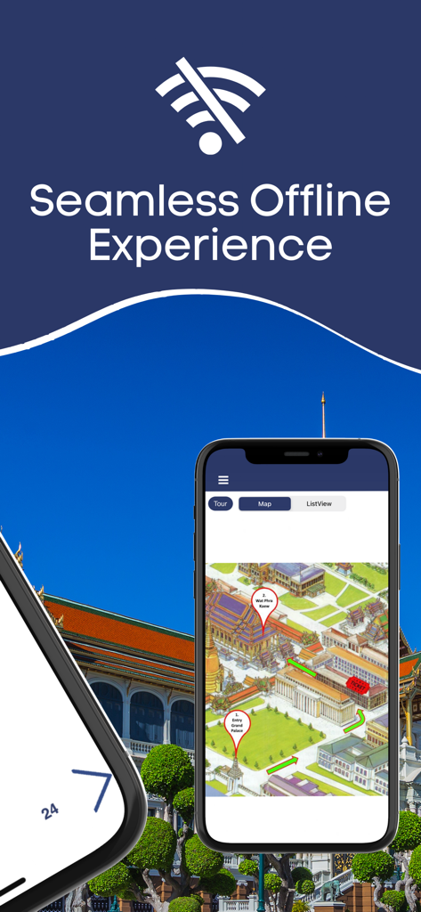 The Grand Palace Bangkok Guide - Smartphone mostrando un mapa del Gran Palacio de Bangkok con un banner que promociona una experiencia sin conexión fluida