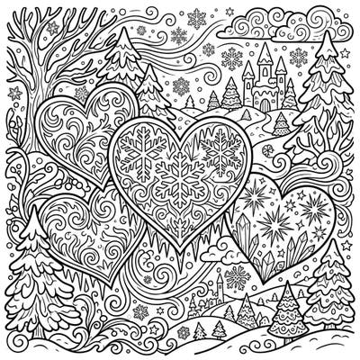 Explore the charm of winter with this delightful coloring page featuring whimsical cartoon hearts amidst a snowy landscape. Intricate snowflakes, cozy pine trees, and a distant castle invite you to bring this enchanting scene to life.