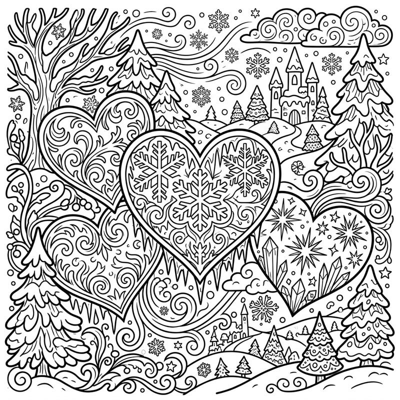 Explore the charm of winter with this delightful coloring page featuring whimsical cartoon hearts amidst a snowy landscape. Intricate snowflakes, cozy pine trees, and a distant castle invite you to bring this enchanting scene to life.