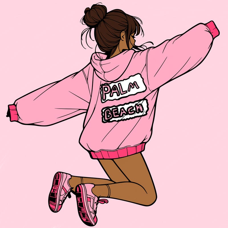 realistic girl jumping with a bun and oversized sweatshirt
