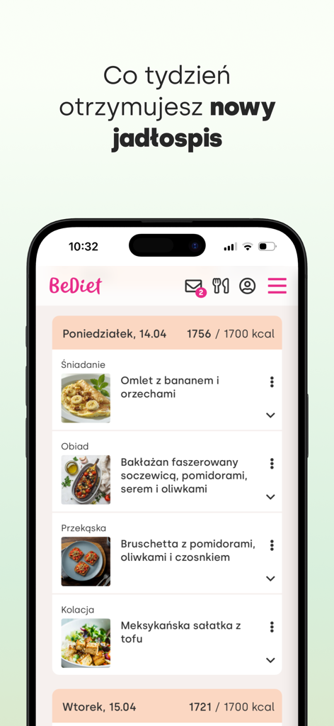 BeDiet Dieta Ewy Chodakowskiej - BeDiet app screenshot showing a personalized daily meal plan with breakfast lunch snack and dinner options