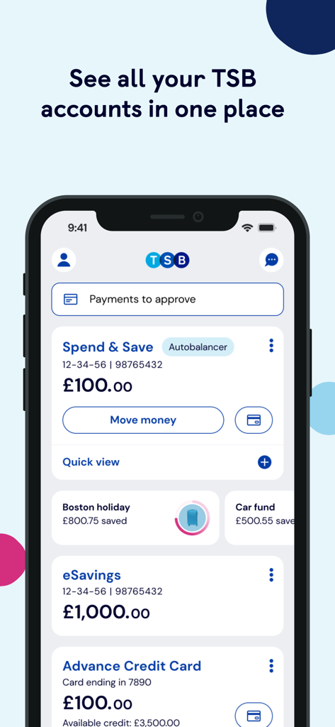 TSB Mobile Banking app dashboard displaying account balances and savings pots on an iPhone