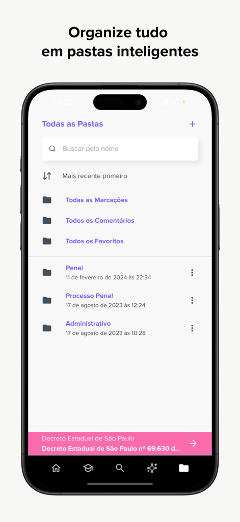 Vade Mecum 2026: JurisHand AI - Interface of JurisHand app showing legal study materials organized into smart folders like Criminal and Administrative Law