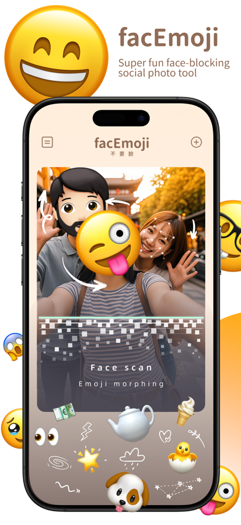 facEmoji -fun photo - Una captura de pantalla de la app facEmoji mostrando el escaneo facial y la función de morphing de emojis en una foto grupal.