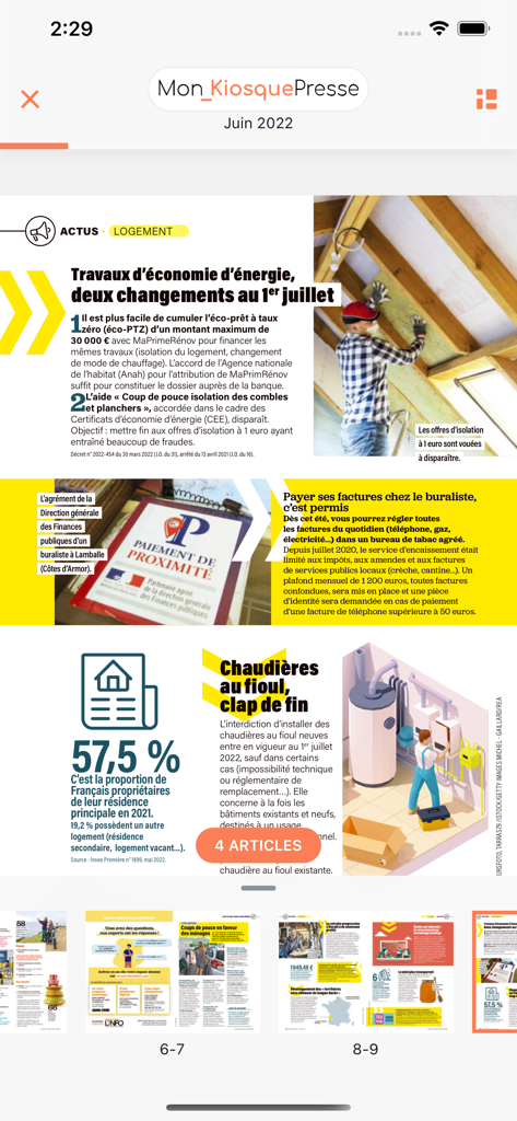 Mon Kiosque Presse - Digital reader interface of Mon Kiosque Presse app showing a magazine page with French news articles about housing and energy saving.