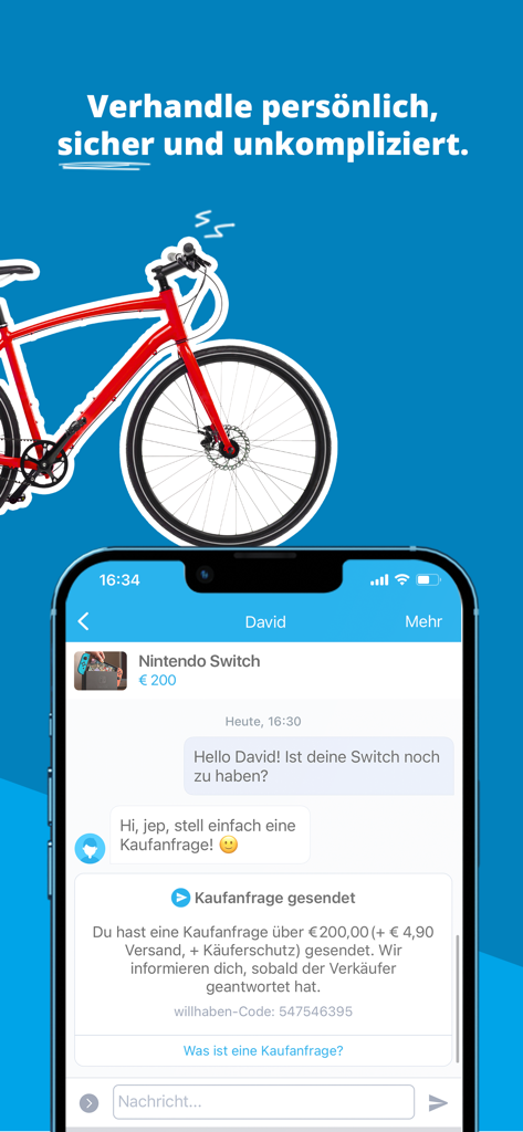 willhaben - Smartphone screen showing the Willhaben app chat interface and a purchase request for a used Nintendo Switch.