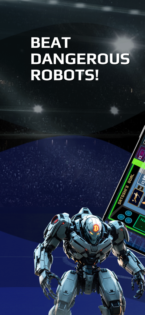 Satoshi's Goal - A futuristic combat robot with a Bitcoin logo on its head in a dark stadium from Satoshi's Goal game