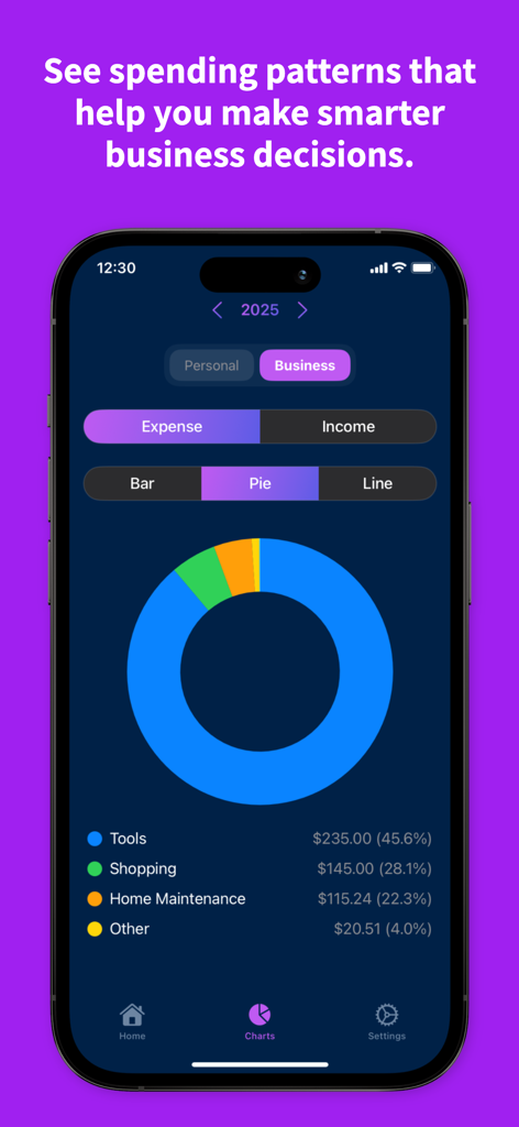 Cash Compass App zeigt ein Kreisdiagramm der Geschäftsausgaben nach Kategorien wie Werkzeuge und Einkäufe.