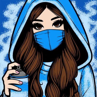 girl wearing a mask with long hair with her hood up spray-painting realistic