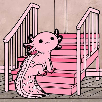 axolotl sitting on the stairs