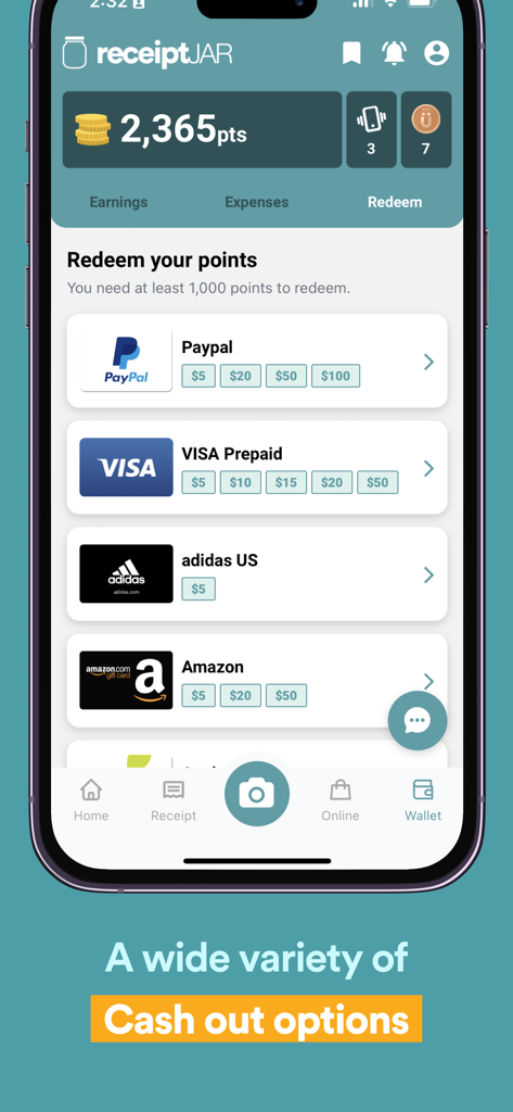 ReceiptJar app interface showing cash out options like PayPal and Amazon gift cards