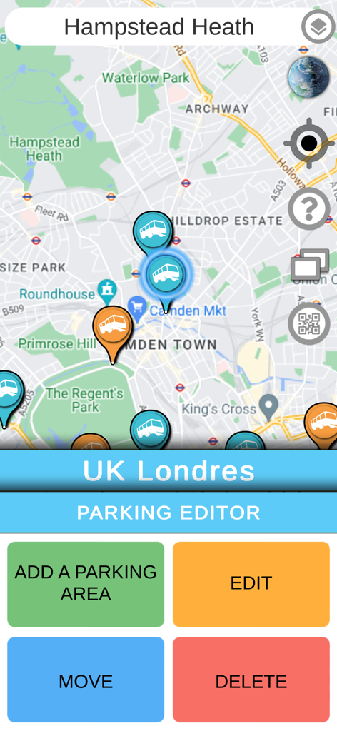 Buspark Europe app interface showing a map of London with the parking editor tools to add edit move or delete coach parking locations
