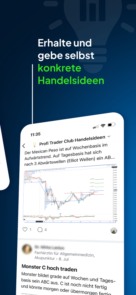 Interface of the PJM Investment Akademie app displaying a community feed with technical analysis charts and expert trading ideas
