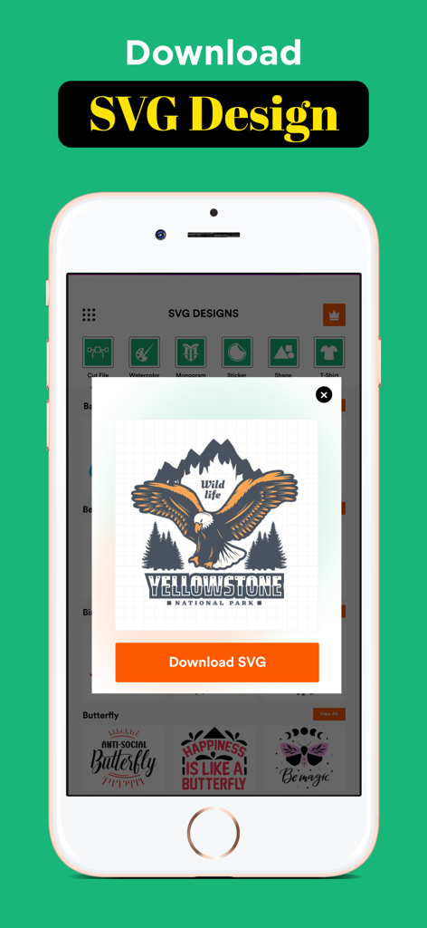 Vector SVG Design Craft Space - A mobile app interface displaying a Yellowstone National Park eagle design with a download SVG button.