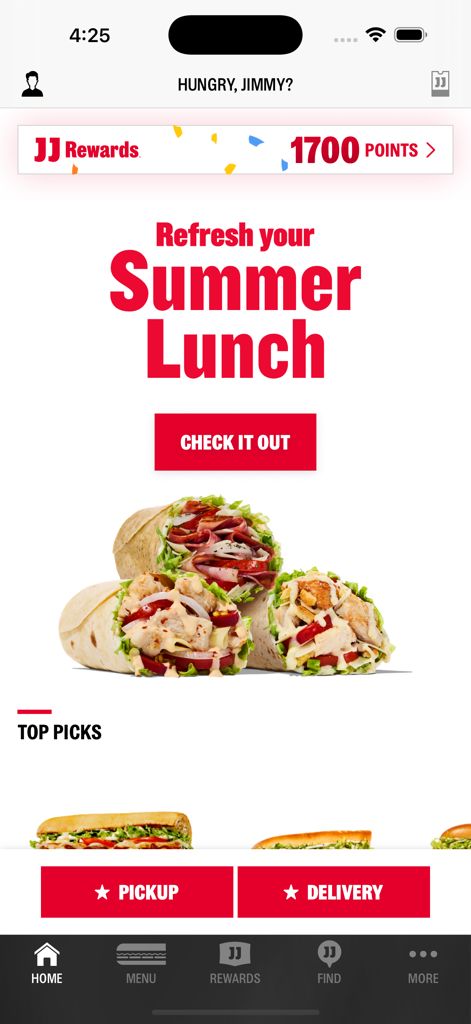 Jimmy Johns App-Startbildschirm mit Prämienpunkten und Sommer-Mittagessen-Sandwich-Wraps
