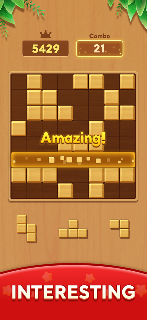 Block Crush gameplay showing wooden blocks on a grid with an Amazing combo alert