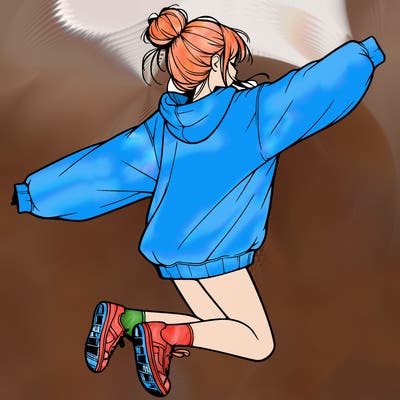 realistic girl jumping with a bun and oversized sweatshirt