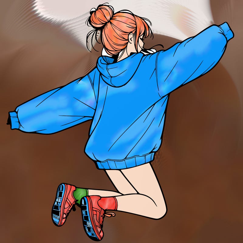 realistic girl jumping with a bun and oversized sweatshirt