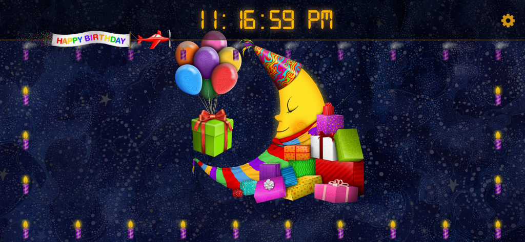 Moon character with birthday hat and gifts in the Sun to Moon Sleep Clock app