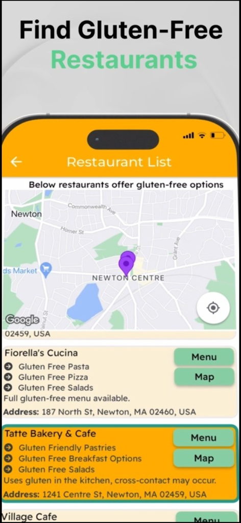 Gluten-Free Me - 글루텐 프리 미 앱 인터페이스, 지도와 주변 글루텐 프리 메뉴 옵션이 있는 레스토랑 목록 표시.