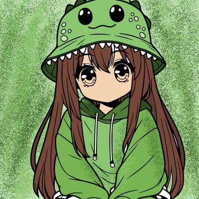 girl with anime shaped eyes with a dinosaur bucket hat oversized sweatshirt long straight hair