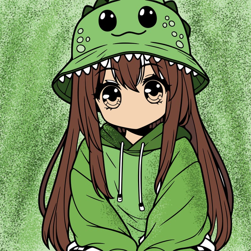 girl with anime shaped eyes with a dinosaur bucket hat oversized sweatshirt long straight hair