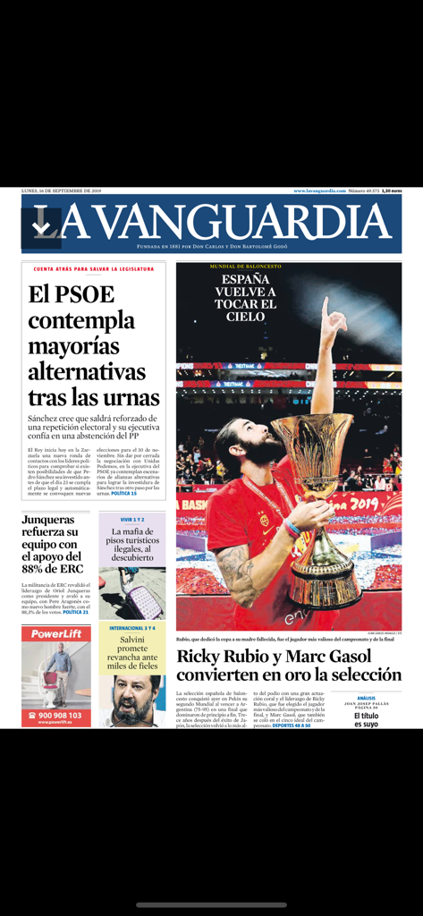 La Vanguardia edición impresa - Portada del periódico digital La Vanguardia con titulares de noticias y deportes.