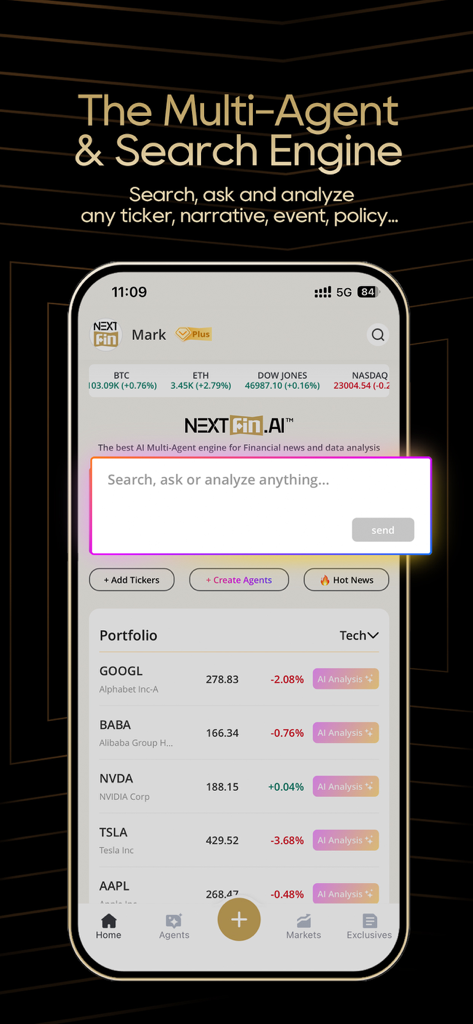 NextFin：AI-DrivenNews&Analysis - NextFin app interface featuring an AI multi-agent search engine and a stock portfolio dashboard with AI analysis buttons.